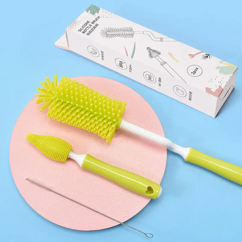 Silicone baby bottle brush and separate straw cleaning tool in assorted colours