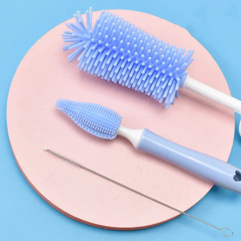 Silicone baby bottle brush and separate straw cleaning tool in assorted colours