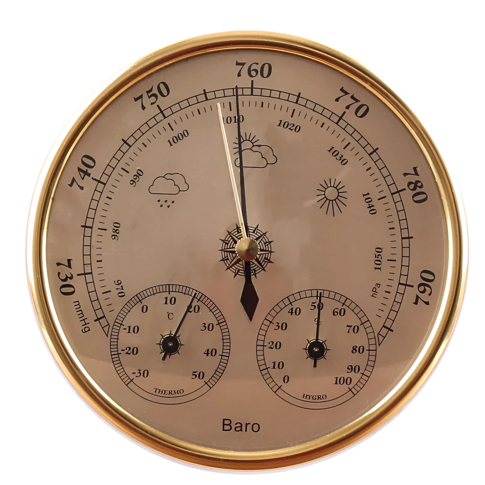 Hand-held digital air temperature humidity pressure meter in golden or silvery colour