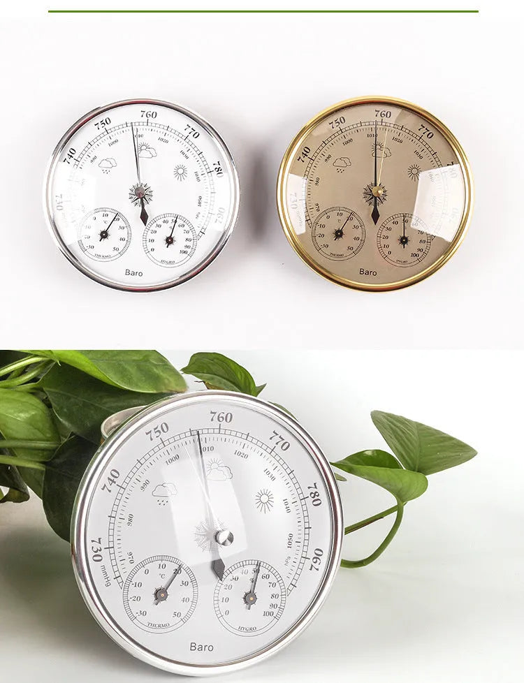 Hand-held pressure gauge air temperature and humidity meter with digital display, measuring atmospheric pressure range 960 to 1060 hPa with 1 hPa, 1℃ and 2% RH accuracy class in golden or silvery finish