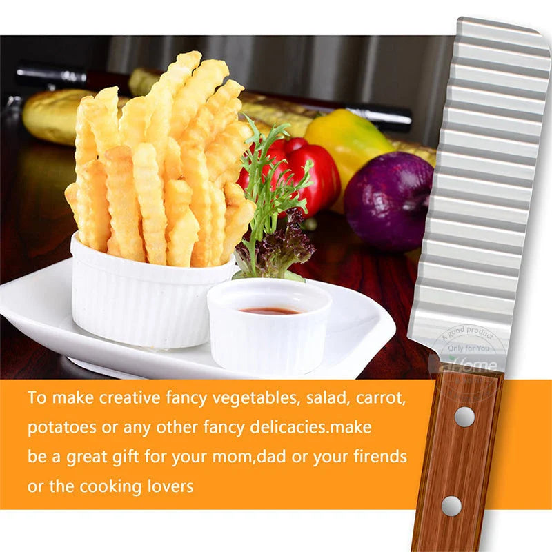 Stainless steel potato cutter with wave-style blade for creating professional-looking chips, vegetable slices, and fruit displays