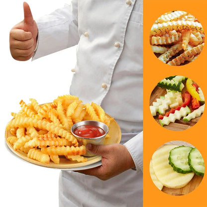 Stainless steel potato cutter with wave-style blade for creating professional-looking chips, vegetable slices, and fruit displays