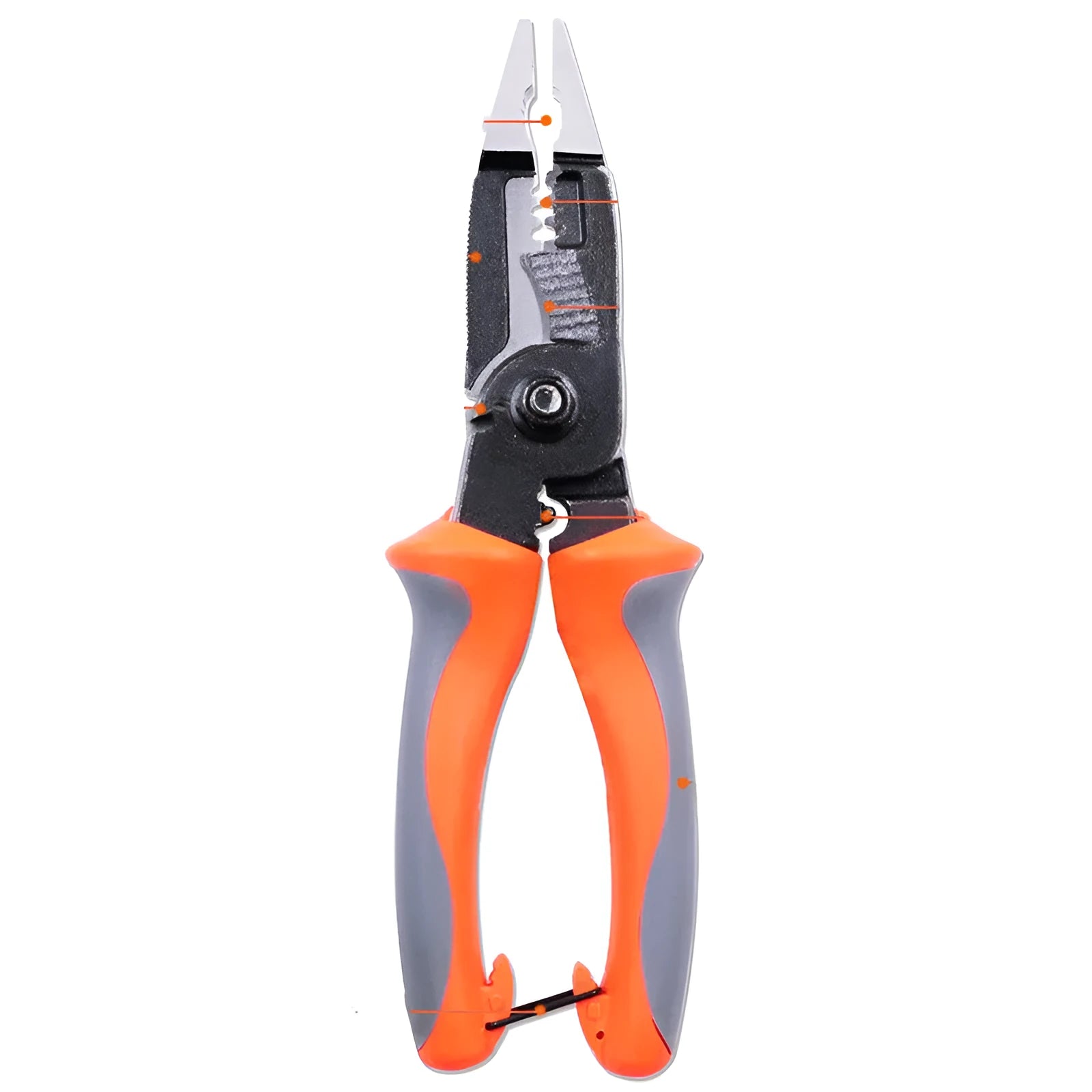 Orange 8-inch multifunctional electrician's pliers with wire stripper and duckbill nose