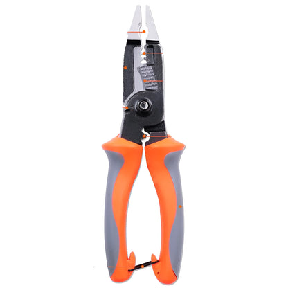 Orange 8-inch multifunctional electrician's pliers with wire stripper and duckbill nose