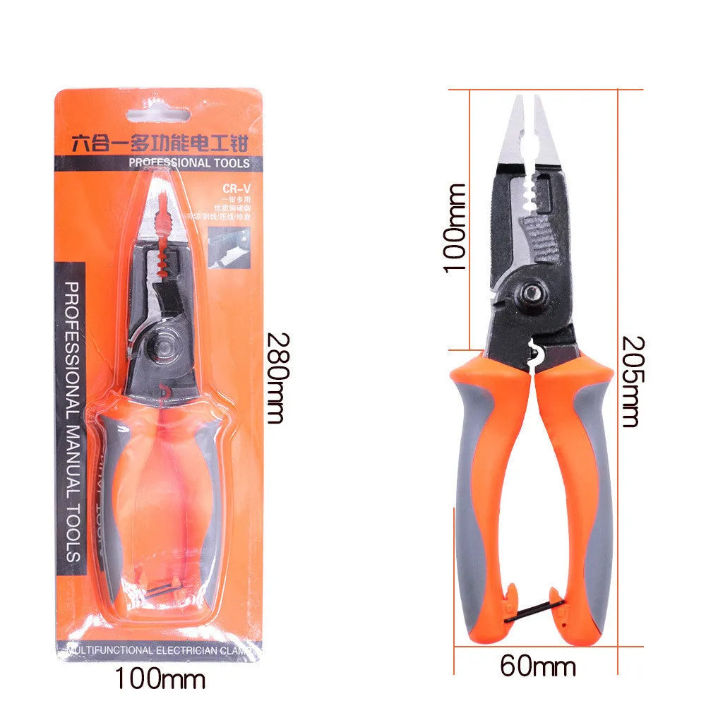 Orange 8-inch multifunctional electrician's pliers with wire stripper and duckbill nose