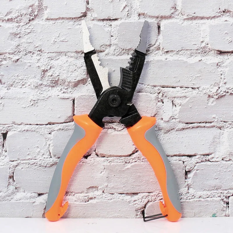Orange 8-inch multifunctional electrician's pliers with wire stripper and duckbill nose