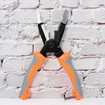 Orange 8-inch multifunctional electrician's pliers with wire stripper and duckbill nose