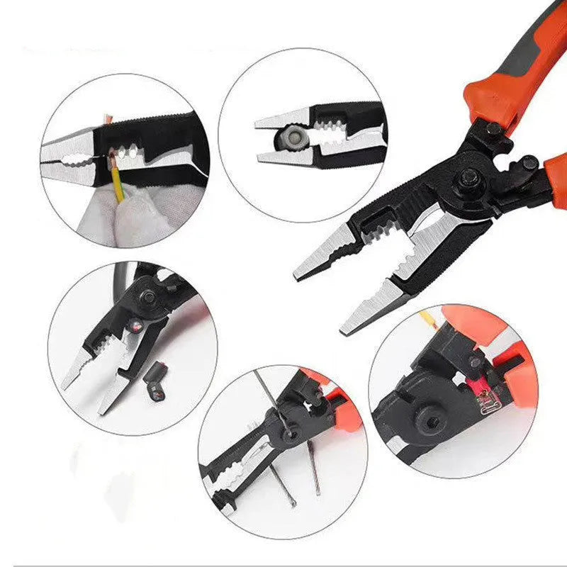 Orange 8-inch multifunctional electrician's pliers with wire stripper and duckbill nose