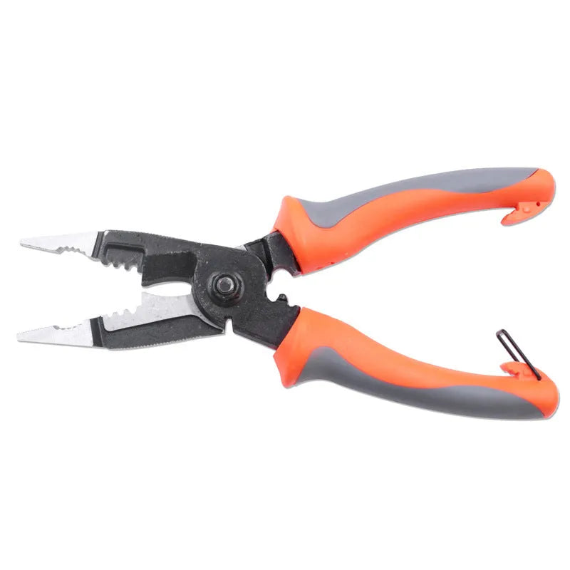 Orange 8-inch multifunctional electrician's pliers with wire stripper and duckbill nose