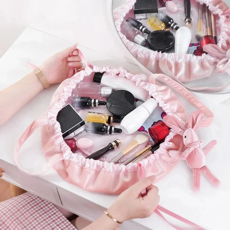 Adorable rabbit ear velvet cosmetic bags in various colors for storing and organizing makeup, toiletries, and other beauty essentials.