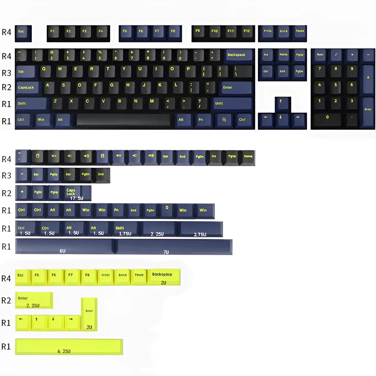 PBT two-colour moulding mechanical keyboard keycaps in black, blue, purple, red colour sets