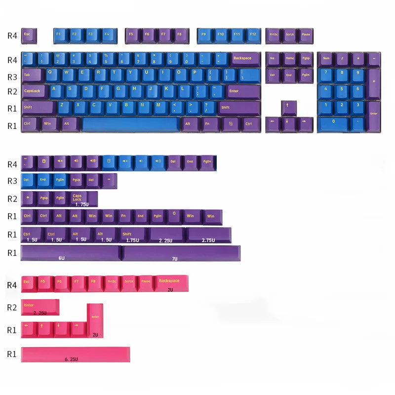 PBT two-colour moulding mechanical keyboard keycaps in black, blue, purple, red colour sets