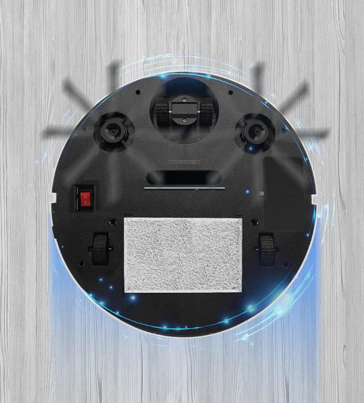 Golden intelligent sweeping robot vacuum cleaner with remote control on wooden floor