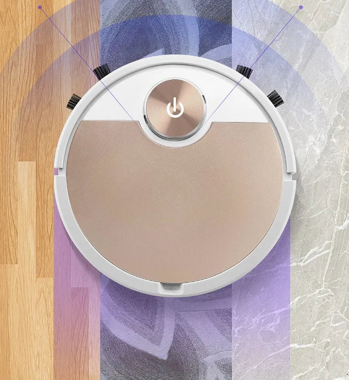 Golden intelligent sweeping robot vacuum cleaner with remote control on wooden floor