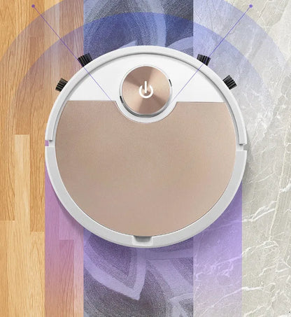 Golden intelligent sweeping robot vacuum cleaner with remote control on wooden floor