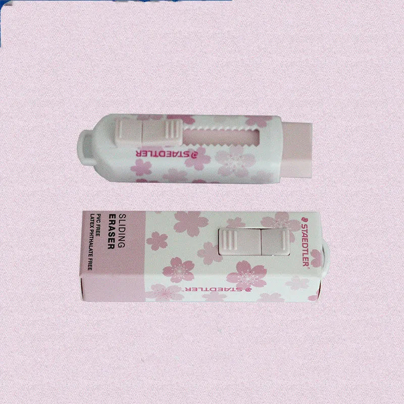 Square pink student rubber with replaceable core measuring 86mm by 26mm by 22mm