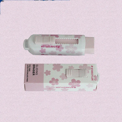 Square pink student rubber with replaceable core measuring 86mm by 26mm by 22mm