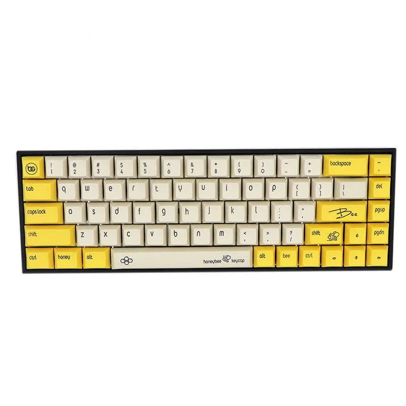 68-key mechanical keyboard with PBT keycaps in various colours, showing compact layout and USB cable