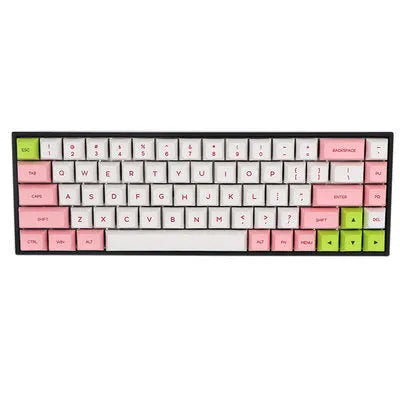 68-key mechanical keyboard with PBT keycaps in various colours, showing compact layout and USB cable