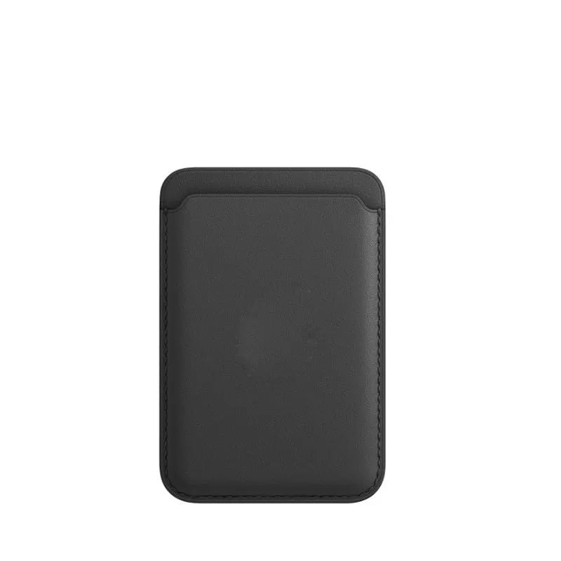 Black PU leather magnetic wallet phone case for iPhone with integrated card holder on MagSafe charger