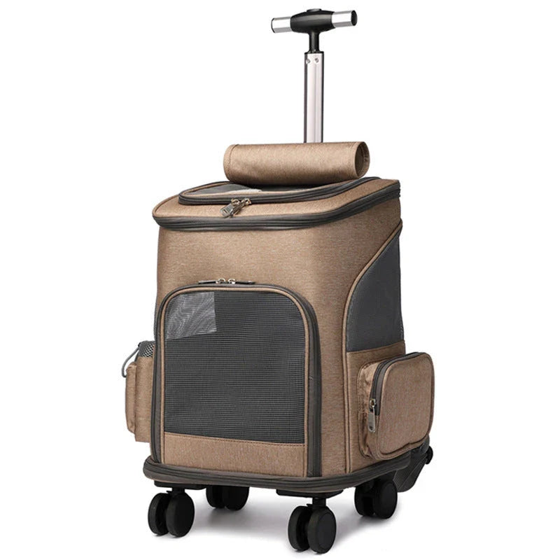 Portable pet carrier backpack with trolley system for cats and small dogs, available in light grey, dark grey, and khaki colors