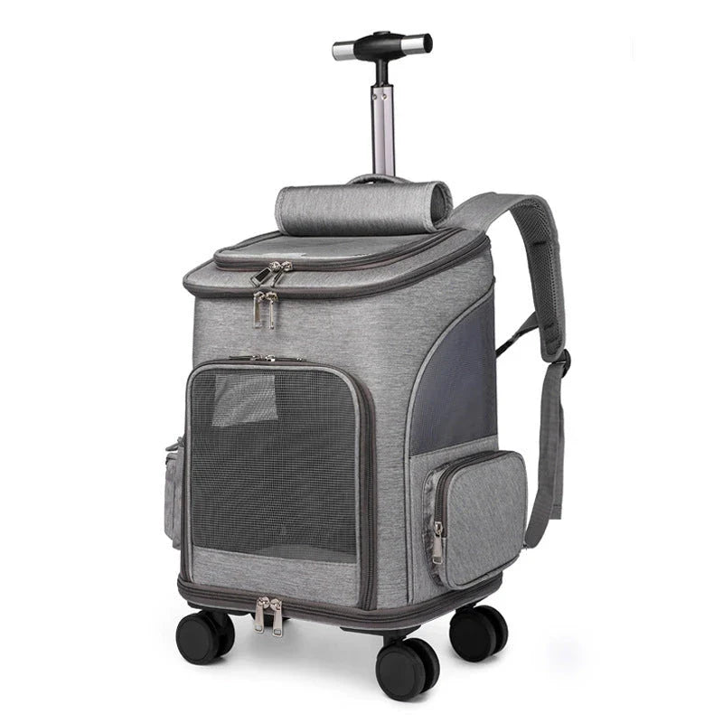 Portable pet carrier backpack with trolley system for cats and small dogs, available in light grey, dark grey, and khaki colors