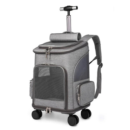 Portable pet carrier backpack with trolley system for cats and small dogs, available in light grey, dark grey, and khaki colors