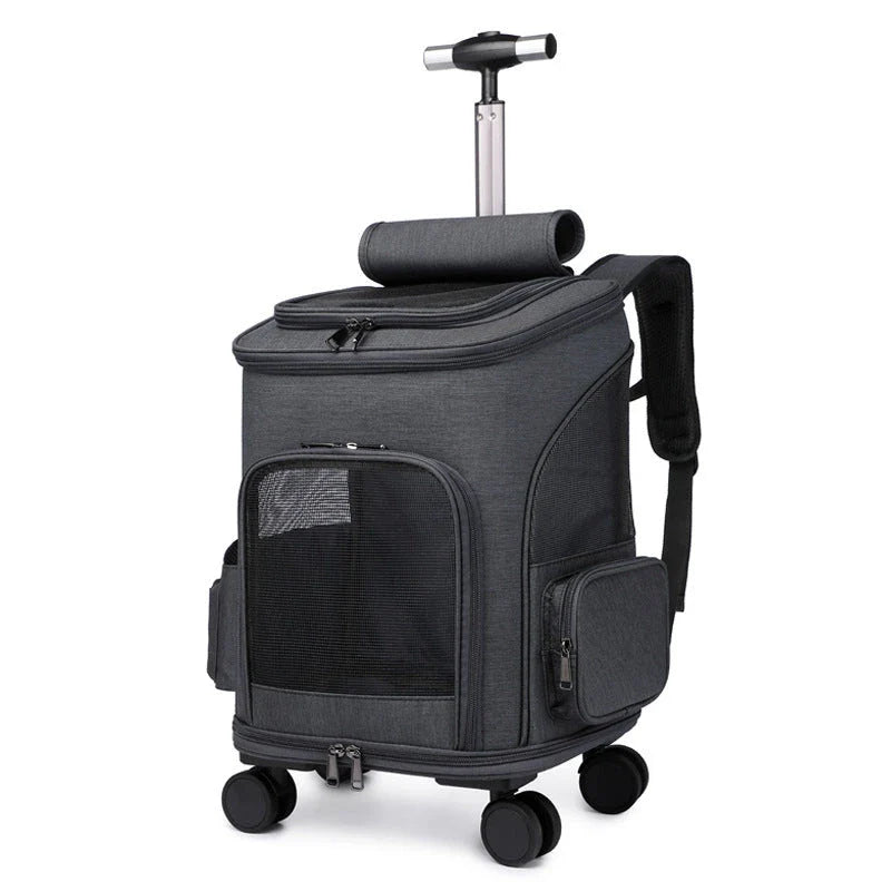 Portable pet carrier backpack with trolley system for cats and small dogs, available in light grey, dark grey, and khaki colors