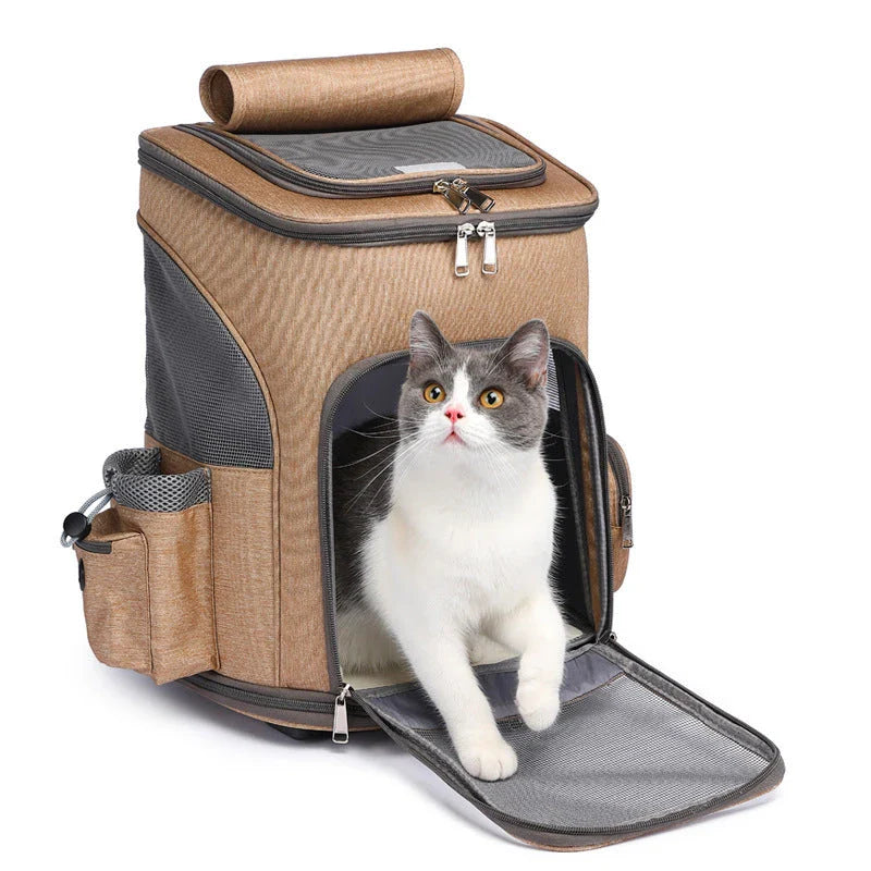 Portable pet carrier backpack with trolley system for cats and small dogs, available in light grey, dark grey, and khaki colors