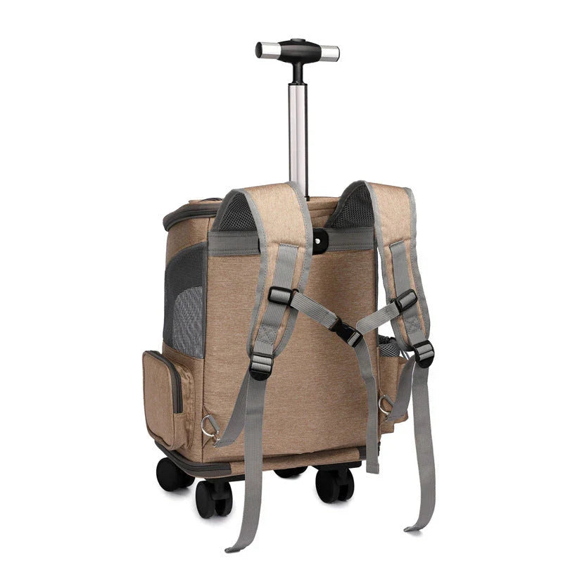 Portable pet carrier backpack with trolley system for cats and small dogs, available in light grey, dark grey, and khaki colors