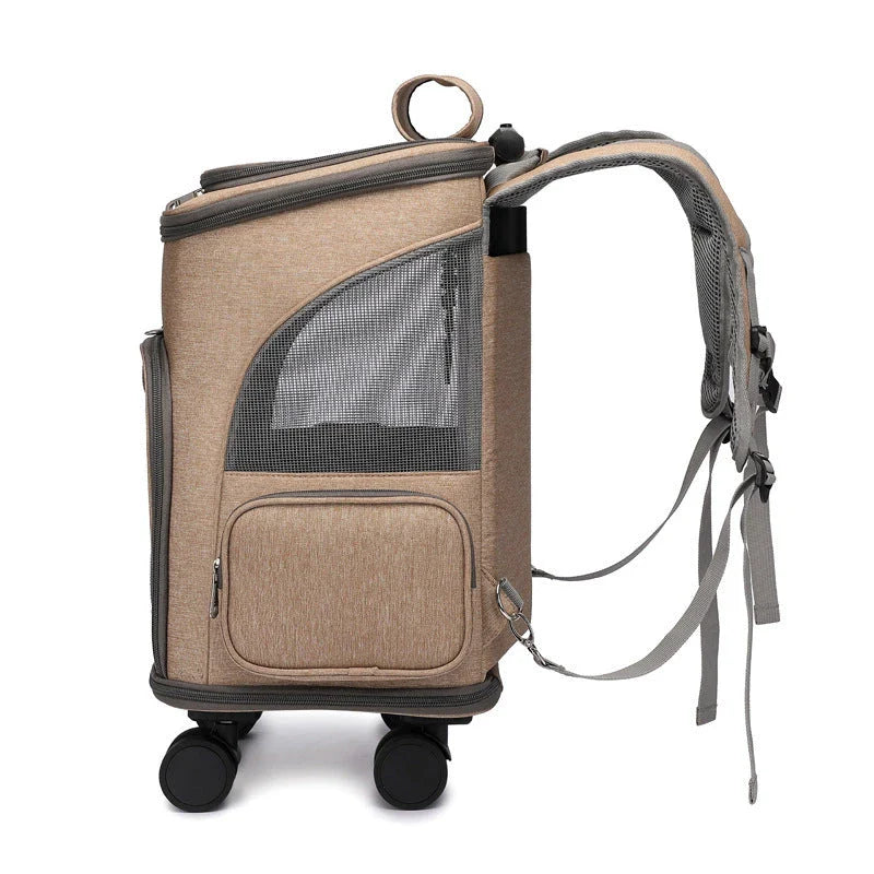 Portable pet carrier backpack with trolley system for cats and small dogs, available in light grey, dark grey, and khaki colors