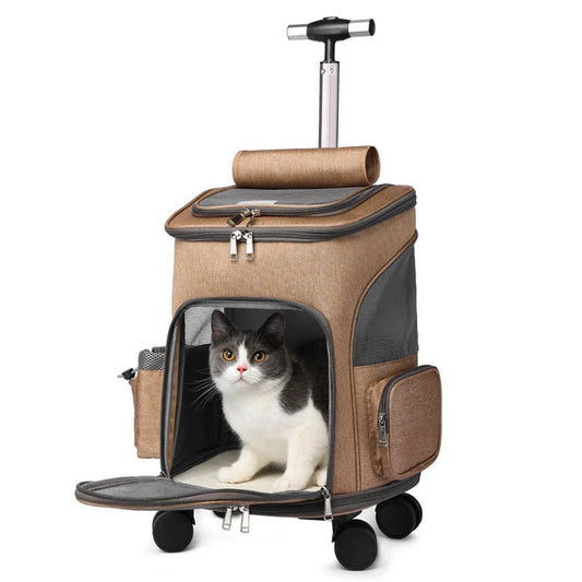 Portable pet carrier backpack with trolley system for cats and small dogs, available in light grey, dark grey, and khaki colors