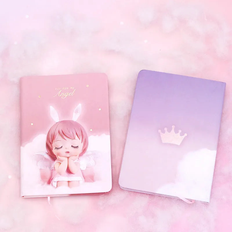 Pink floral fairy design notebook with PU leather cover showing 85 writing pages