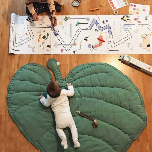 Green and grey cotton baby crawling mat with tree leaf design