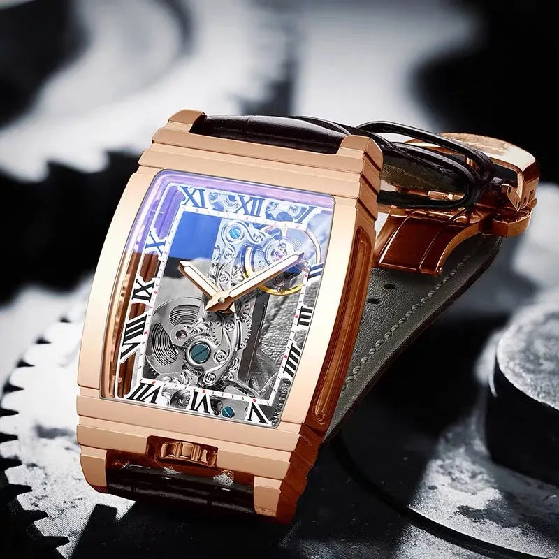 Daystar square stainless steel mechanical watch with 42mm dial and leather strap.