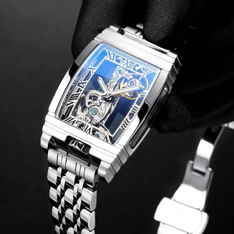 Daystar square stainless steel mechanical watch with 42mm dial and leather strap.