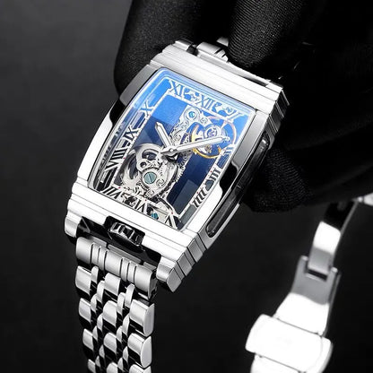 Daystar square stainless steel mechanical watch with 42mm dial and leather strap.