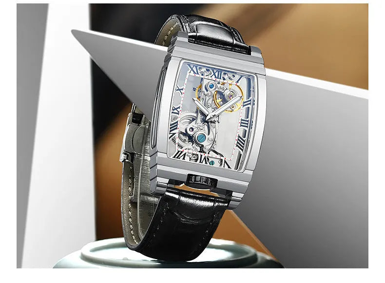 Daystar square stainless steel mechanical watch with 42mm dial and leather strap.
