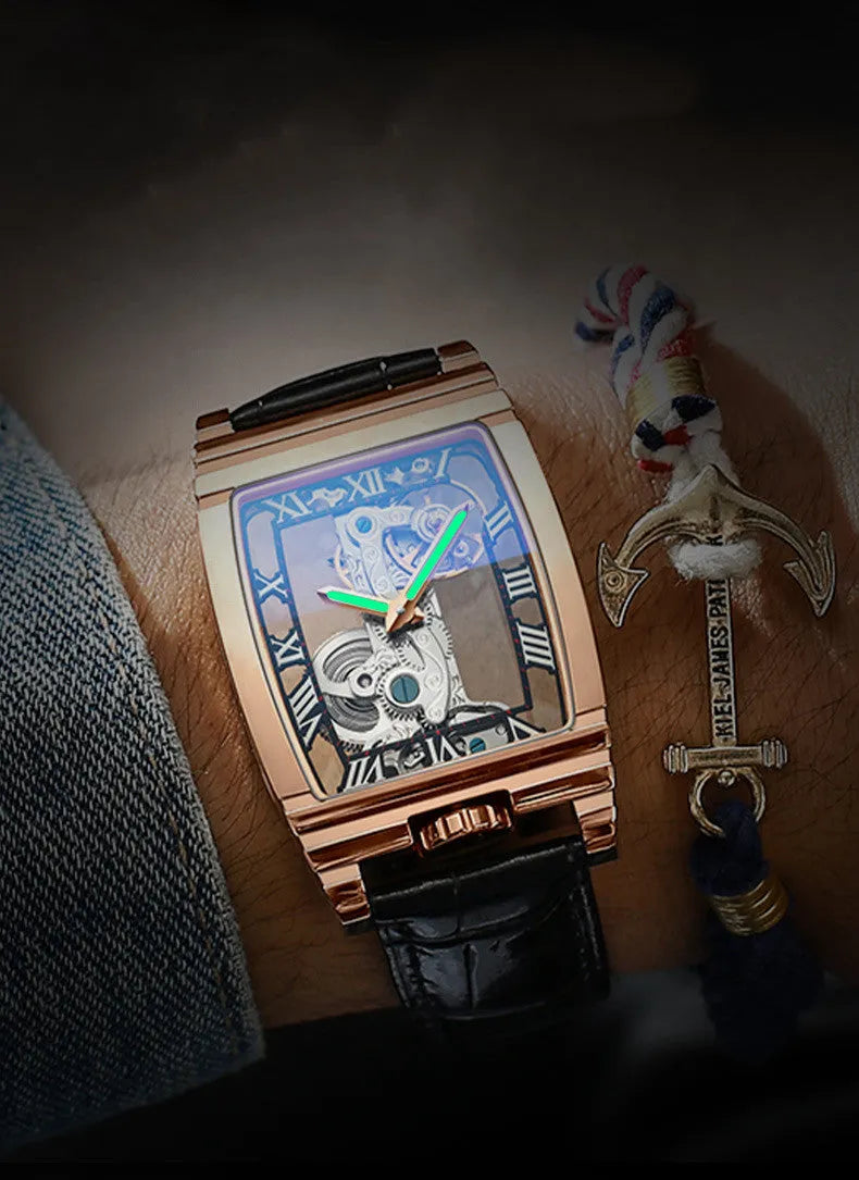 Daystar square stainless steel mechanical watch with 42mm dial and leather strap.