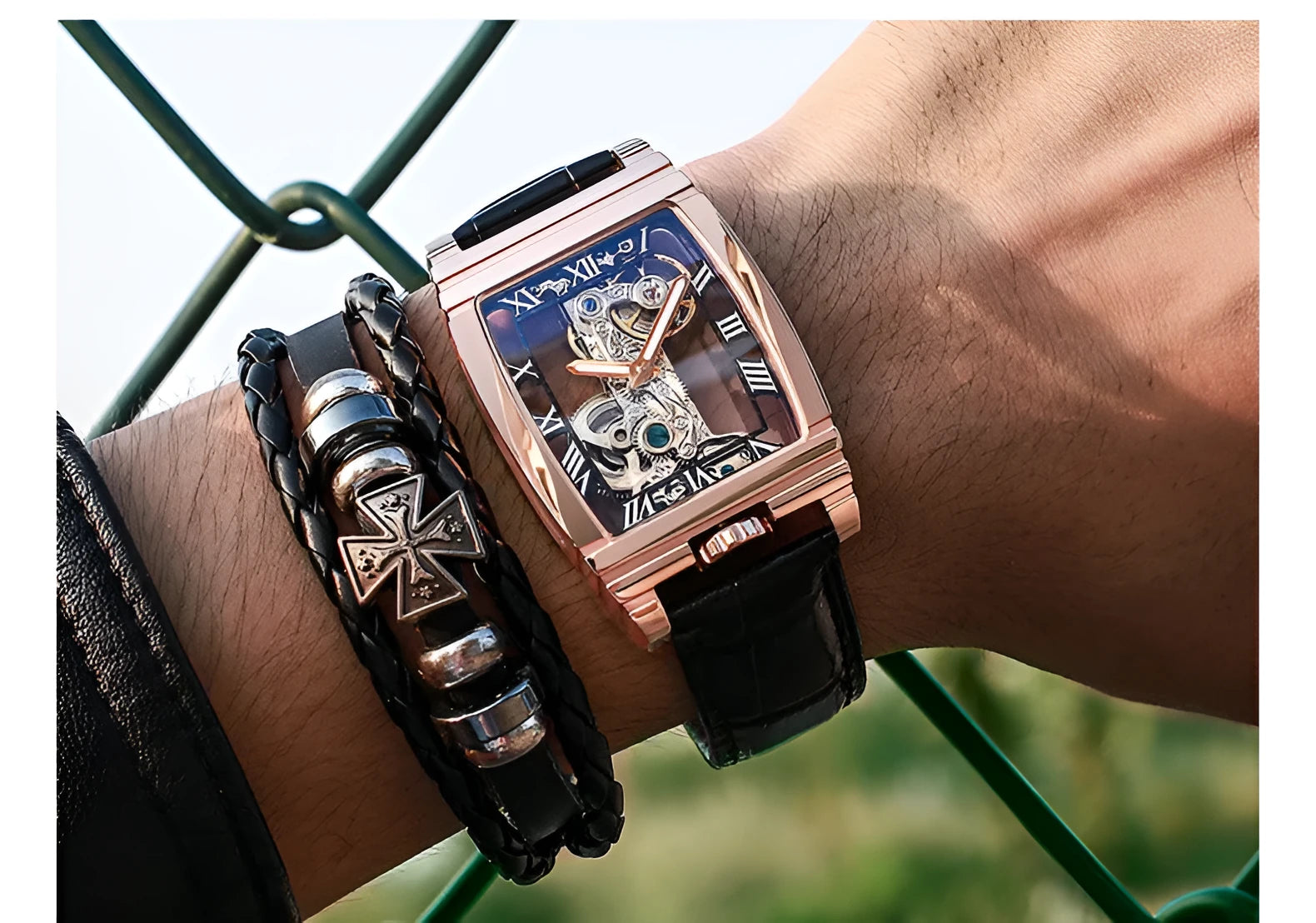 Daystar square stainless steel mechanical watch with 42mm dial and leather strap.