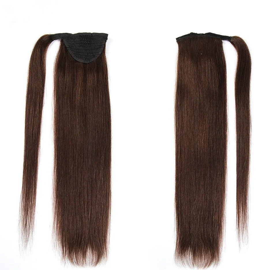 Real human hair ponytail extension with Velcro attachment in brown colour