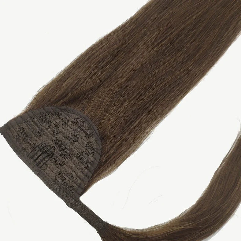 Real human hair ponytail extension with Velcro attachment in brown colour
