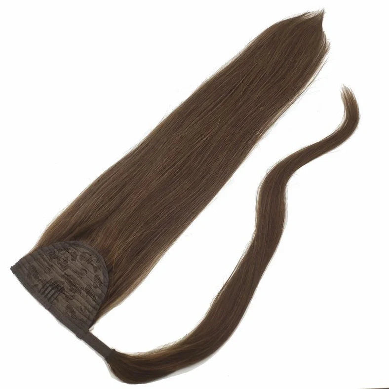 Real human hair ponytail extension with Velcro attachment in brown colour