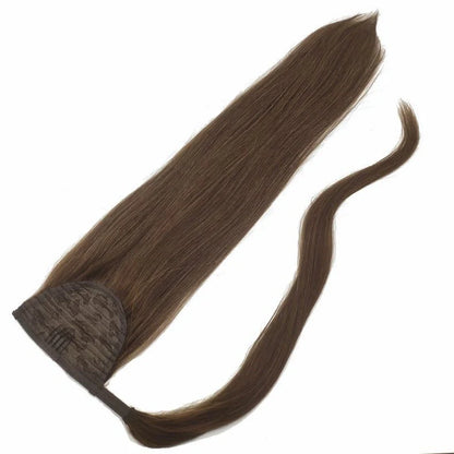 Real human hair ponytail extension with Velcro attachment in brown colour