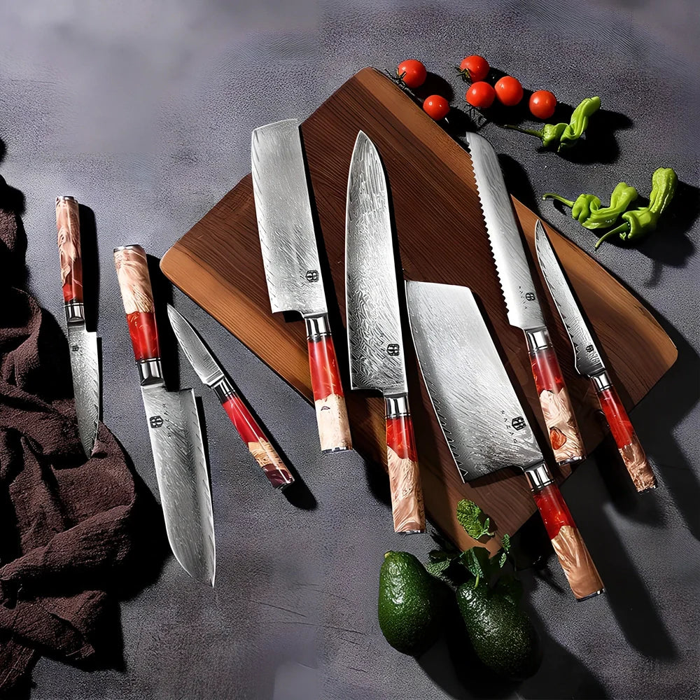 Damascus steel kitchen knives with wood and epoxy resin handles, German blades