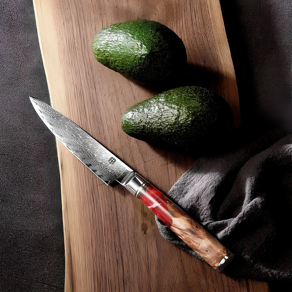 Damascus steel kitchen knives with wood and epoxy resin handles, German blades