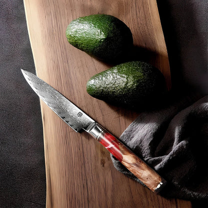 Damascus steel kitchen knives with wood and epoxy resin handles, German blades