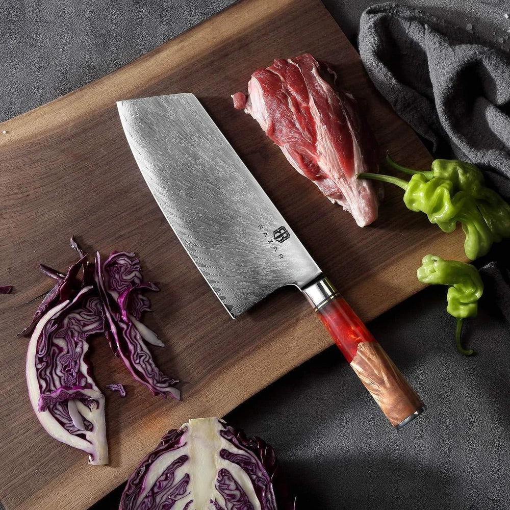 Damascus steel kitchen knives with wood and epoxy resin handles, German blades