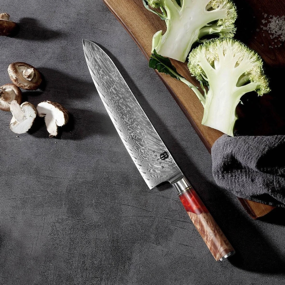 Damascus steel kitchen knives with wood and epoxy resin handles, German blades