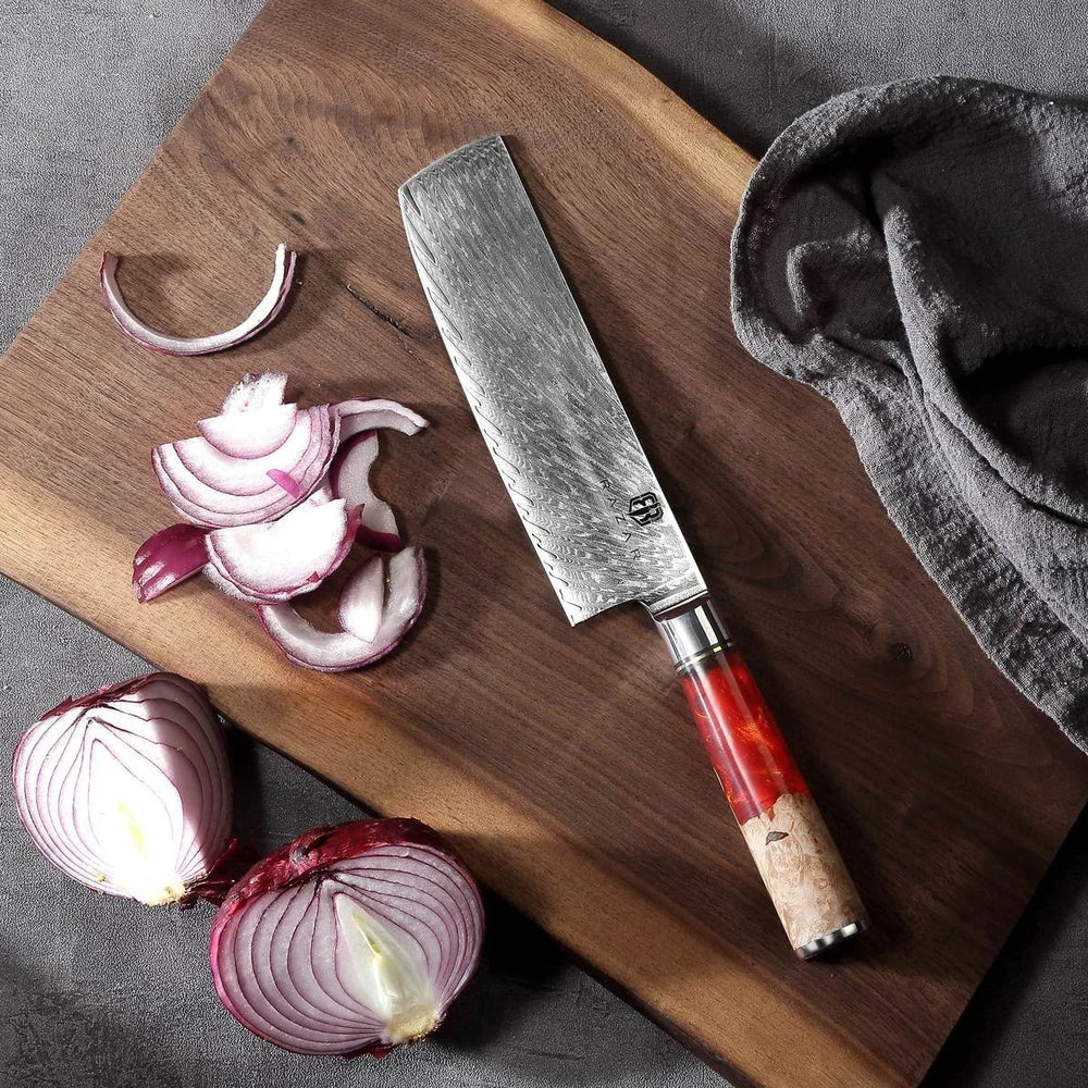 Damascus steel kitchen knives with wood and epoxy resin handles, German blades